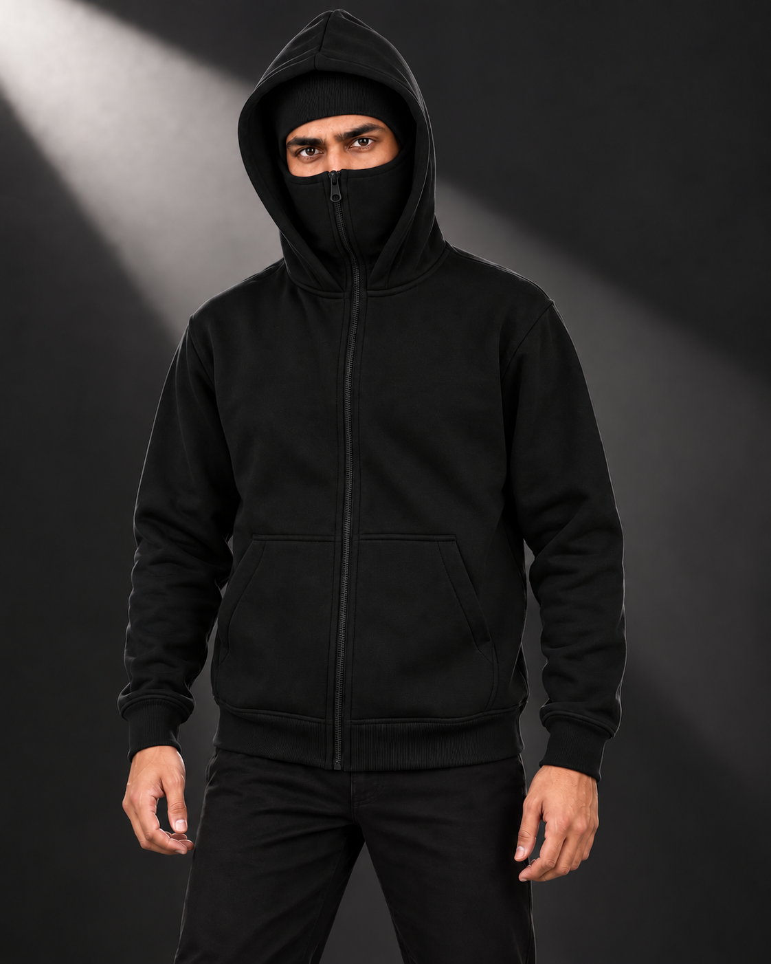 Black Plain High-Zip Fleece balaclava Hoodie