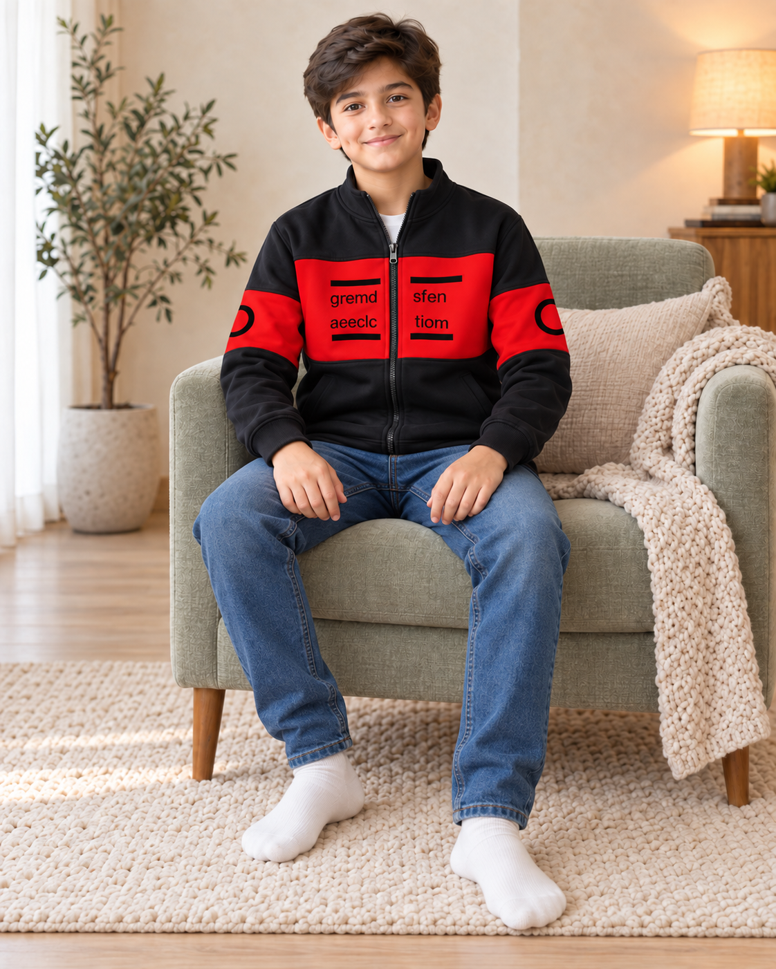 Kids Black & Red Graphic Zip-Up Jacket, sitting