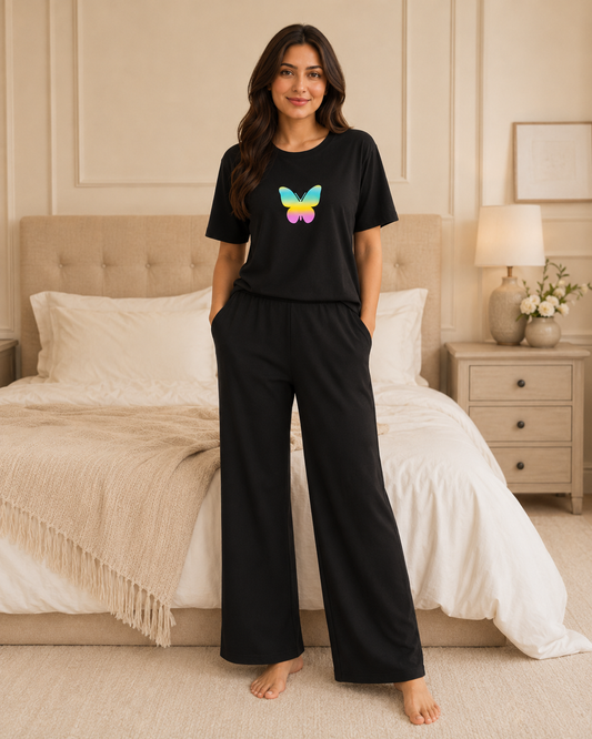 New butterfly black night suit women model standing pose