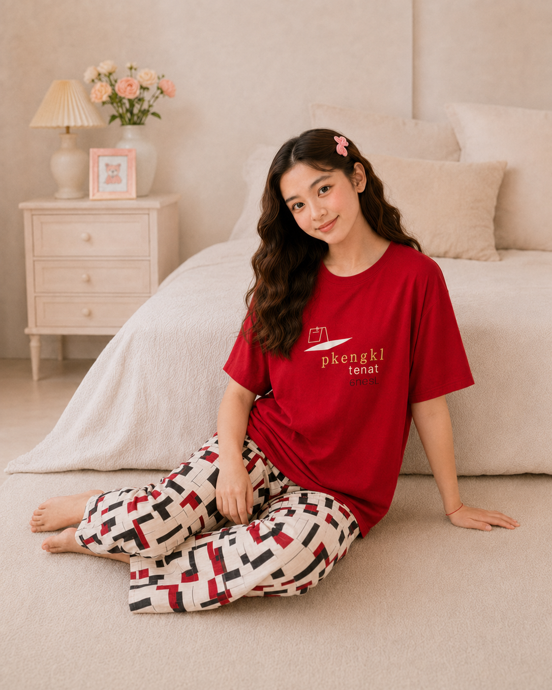 Red China Girls Night Suit ages 7–14 close-up view
