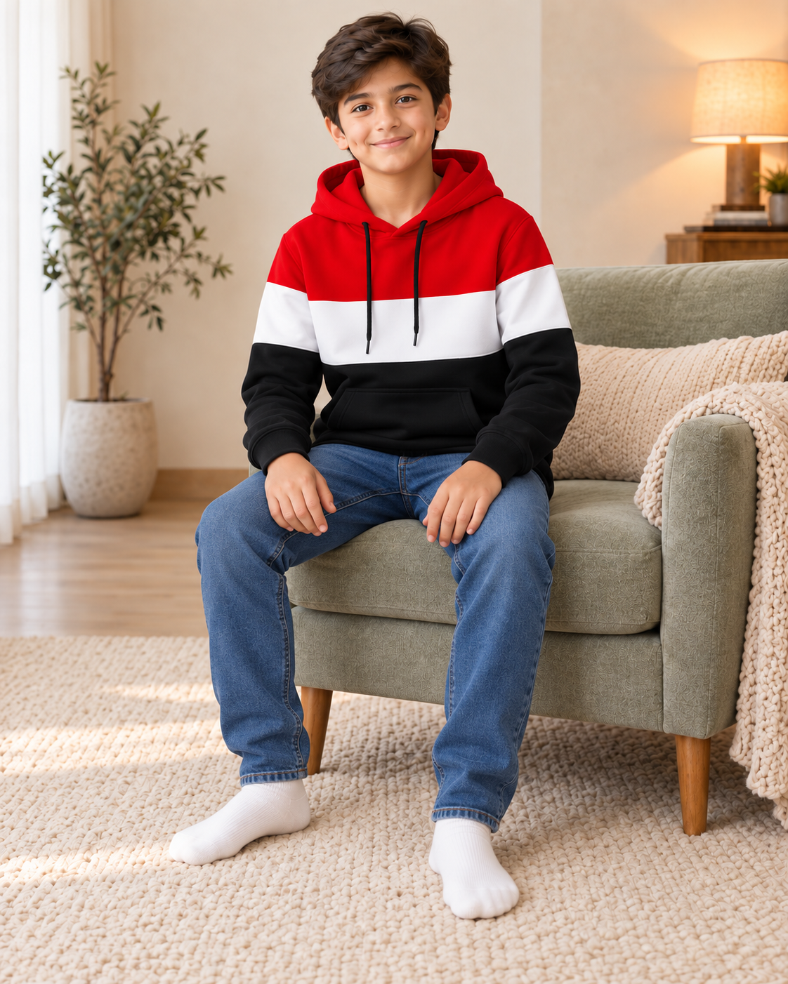 Kids Red, White & Black Color-Block Hoodie, sitting