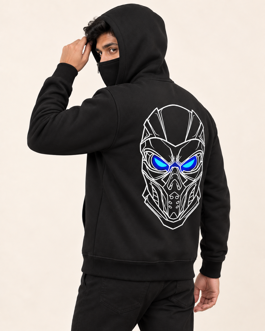 Black Cyber Mask Back Print Fleece Hoodie — back view on model