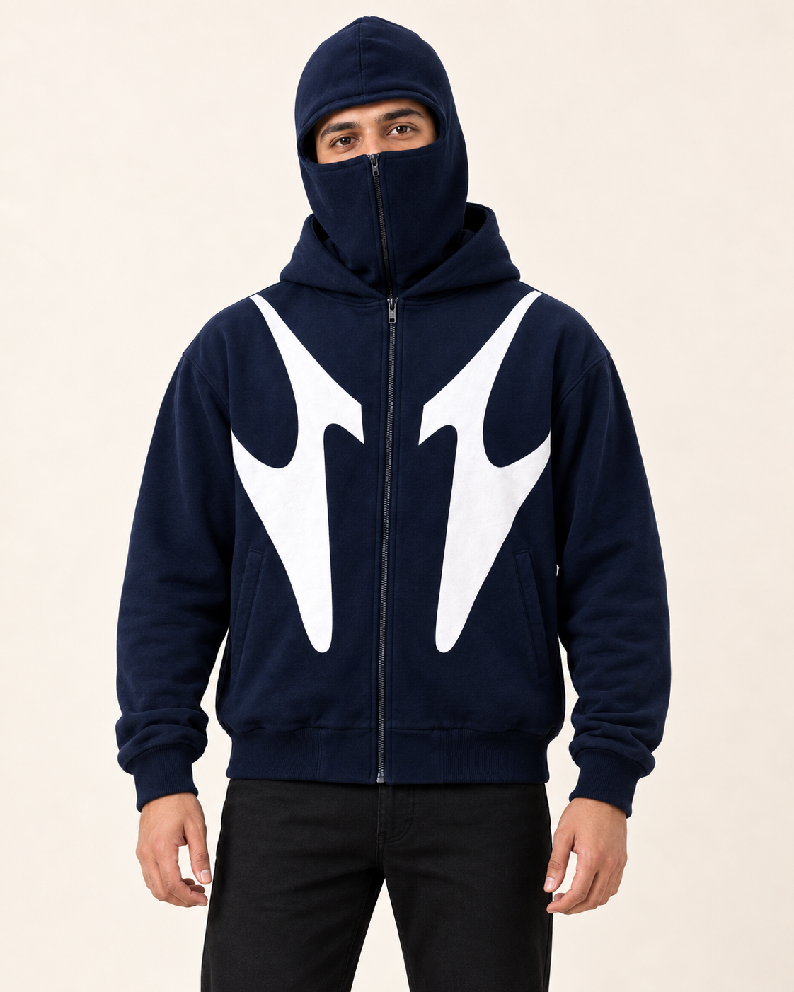 Navy White Abstract Print Zip-Up Fleece Hoodie — front view on model