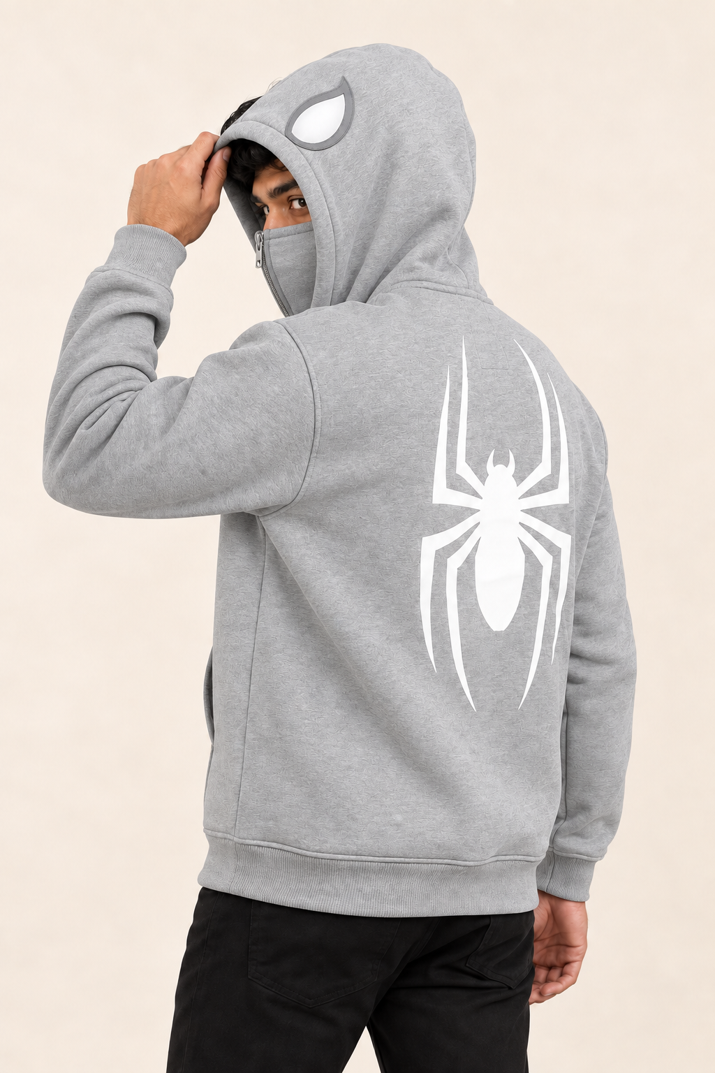 Grey White Spider Back Print Fleece Hoodie — back view on model