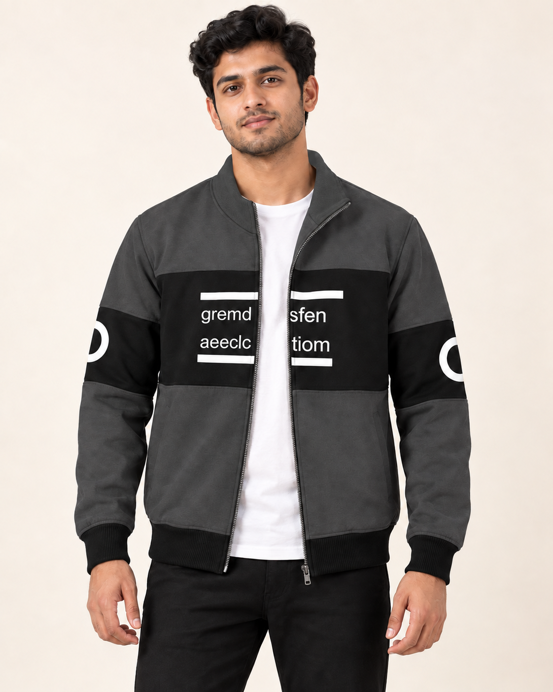 Charcoal and black colourblock fleece zip-up jacket with matching charcoal collar, shown on a model