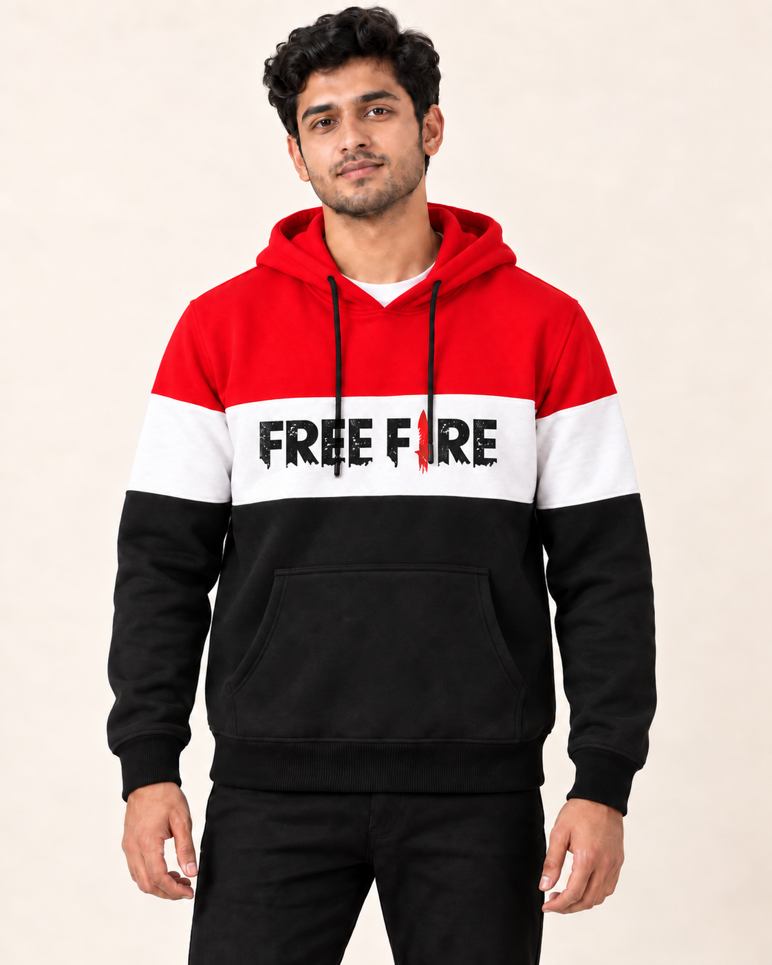 Model wearing Red White Black Free Fire Fleece Hoodie