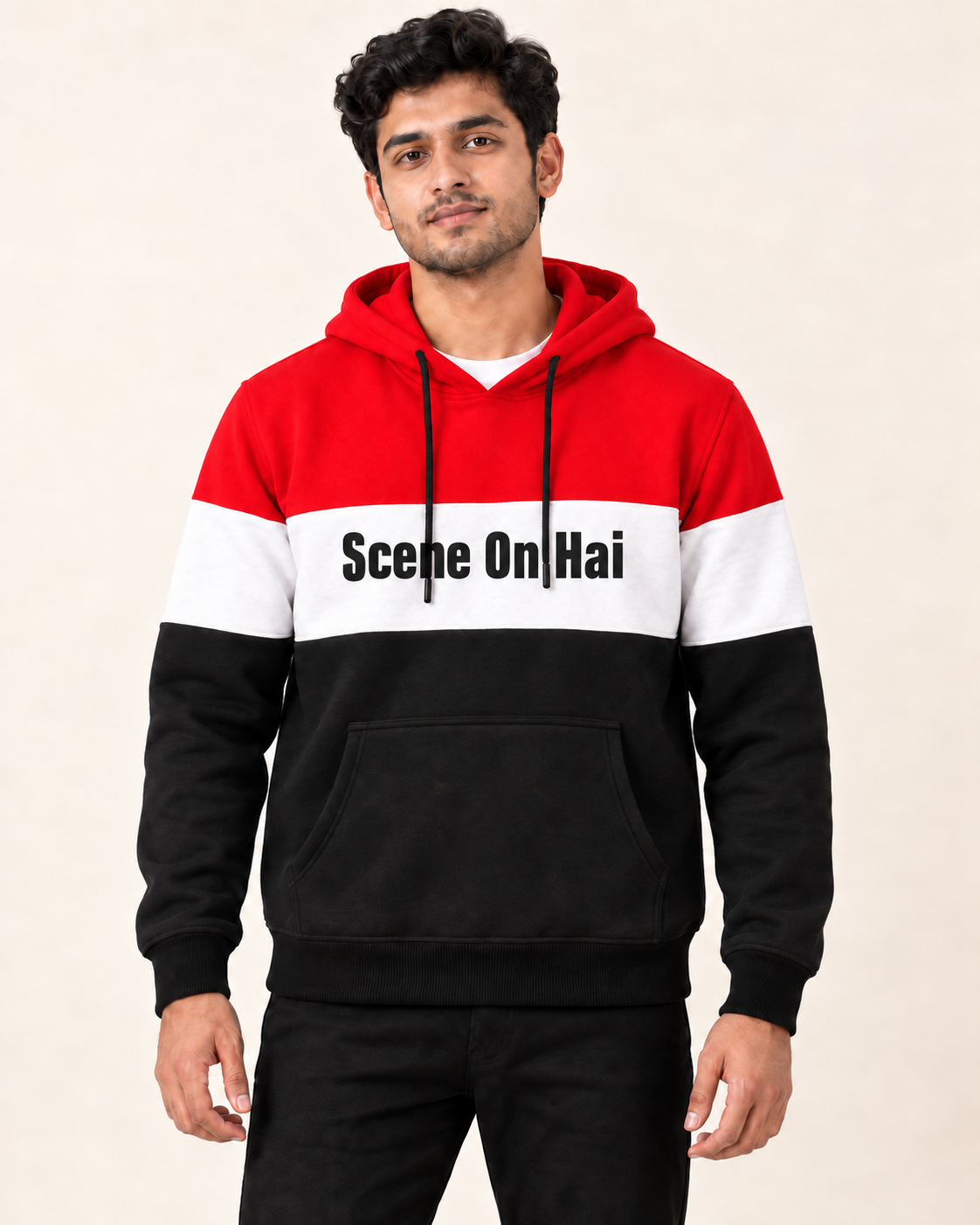 Model wearing Red White Black Scene On Hai Fleece Hoodie