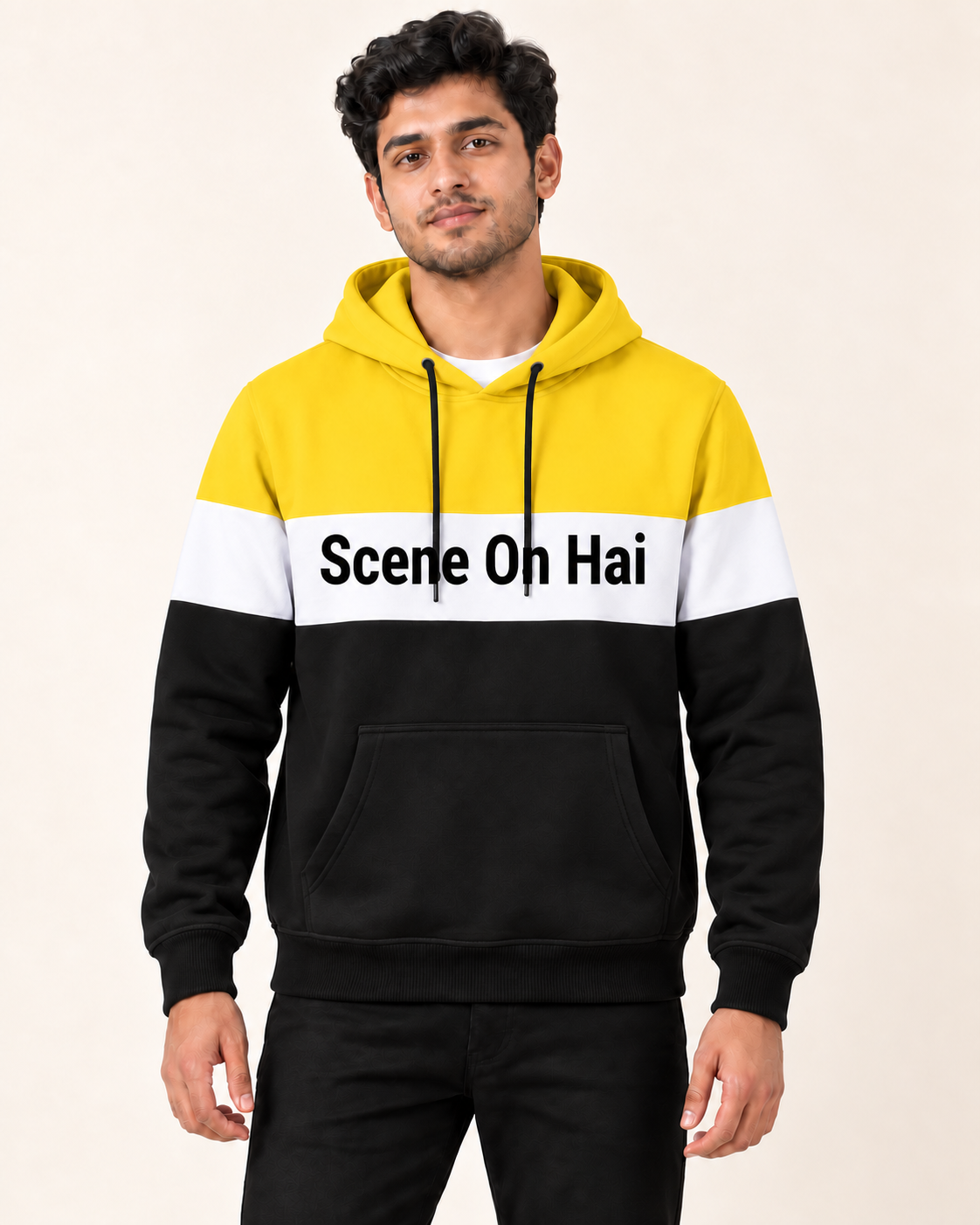 Model wearing Yellow White Black Scene On Hai Fleece Hoodie
