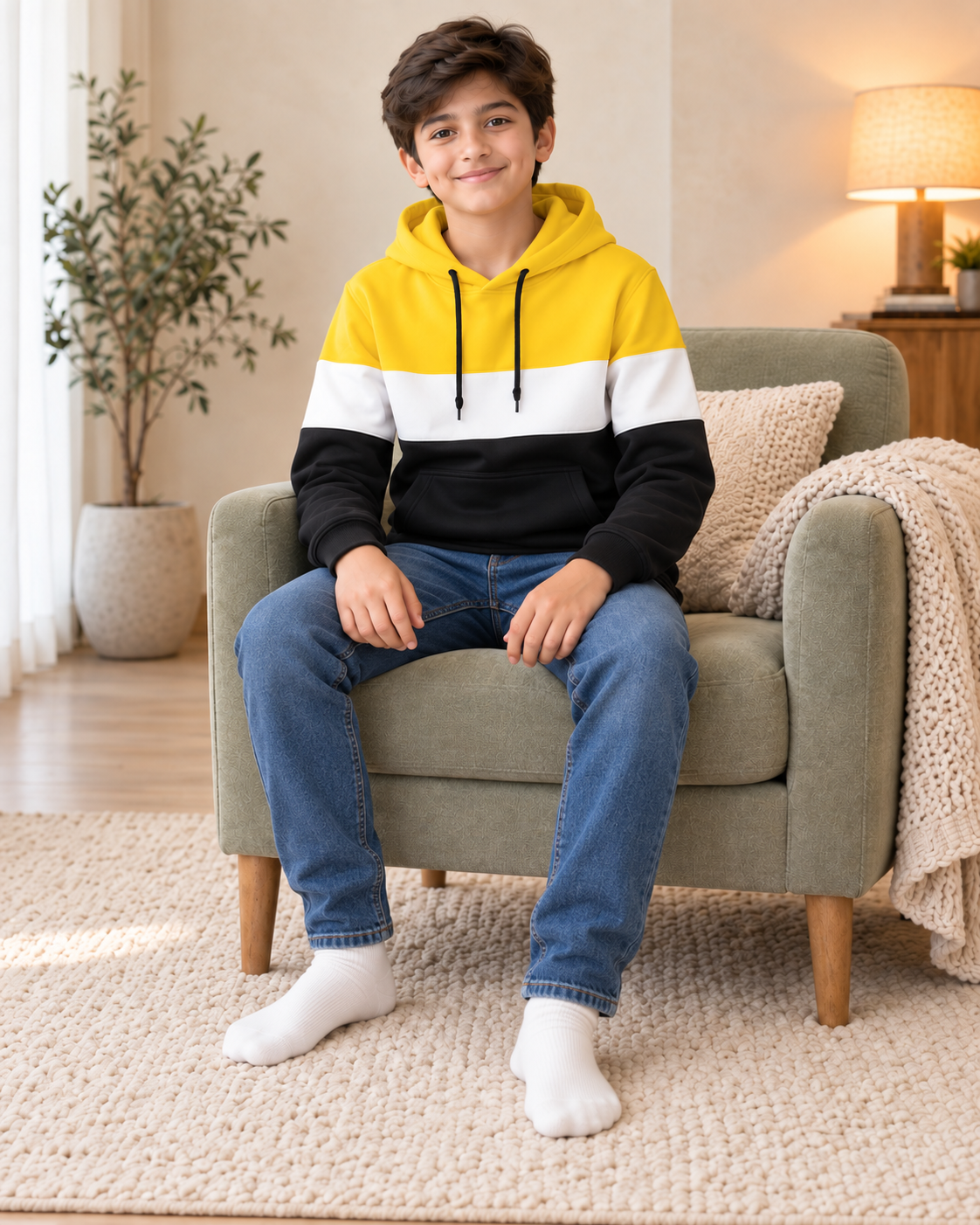 Kids Yellow, White & Black Color-Block Hoodie, sitting