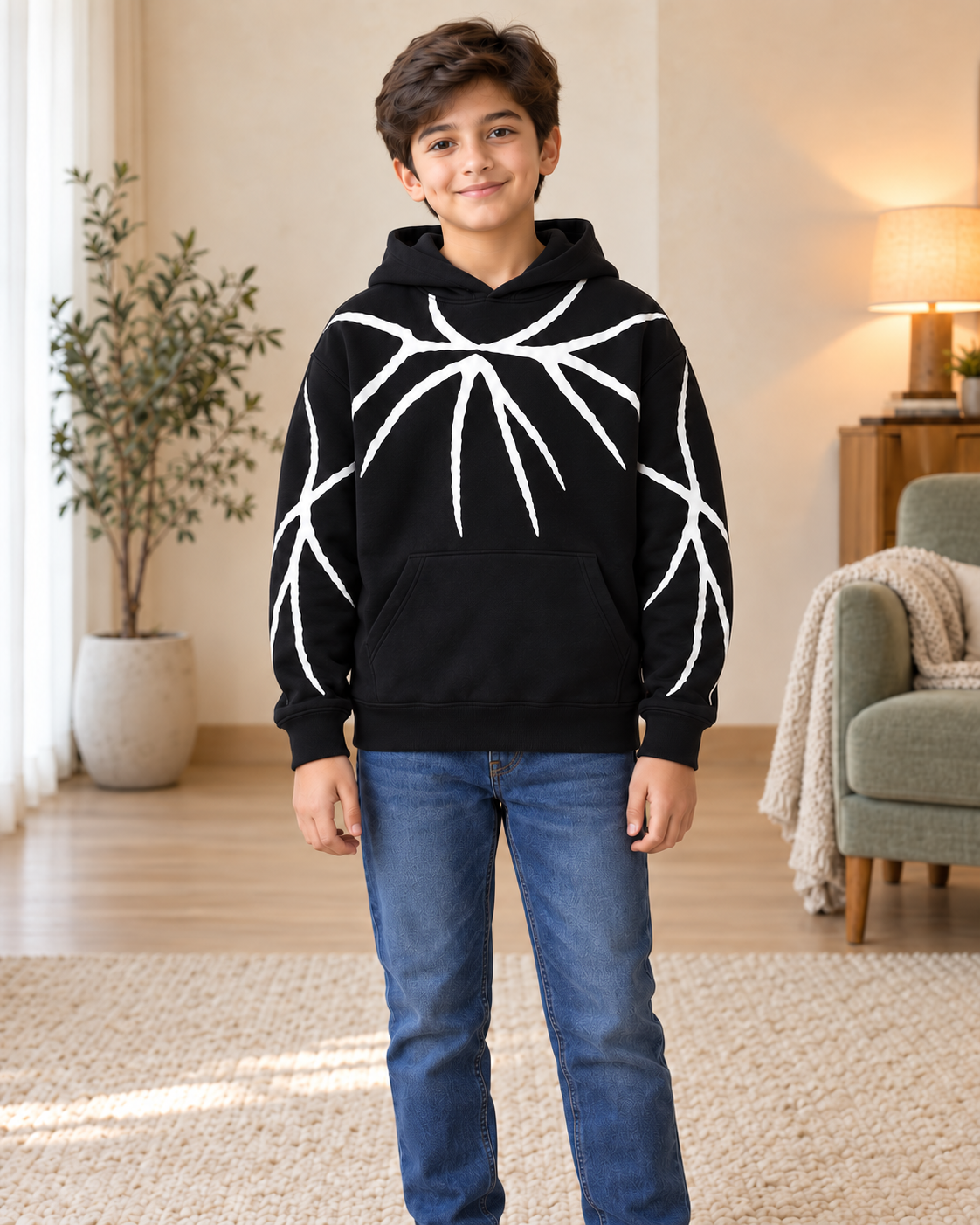 Kids Black & White Graphic Hoodie, 01-Front