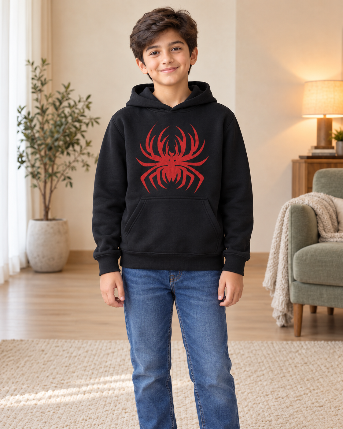 Kids Black & Red Spider Graphic Hoodie, 01-Front
