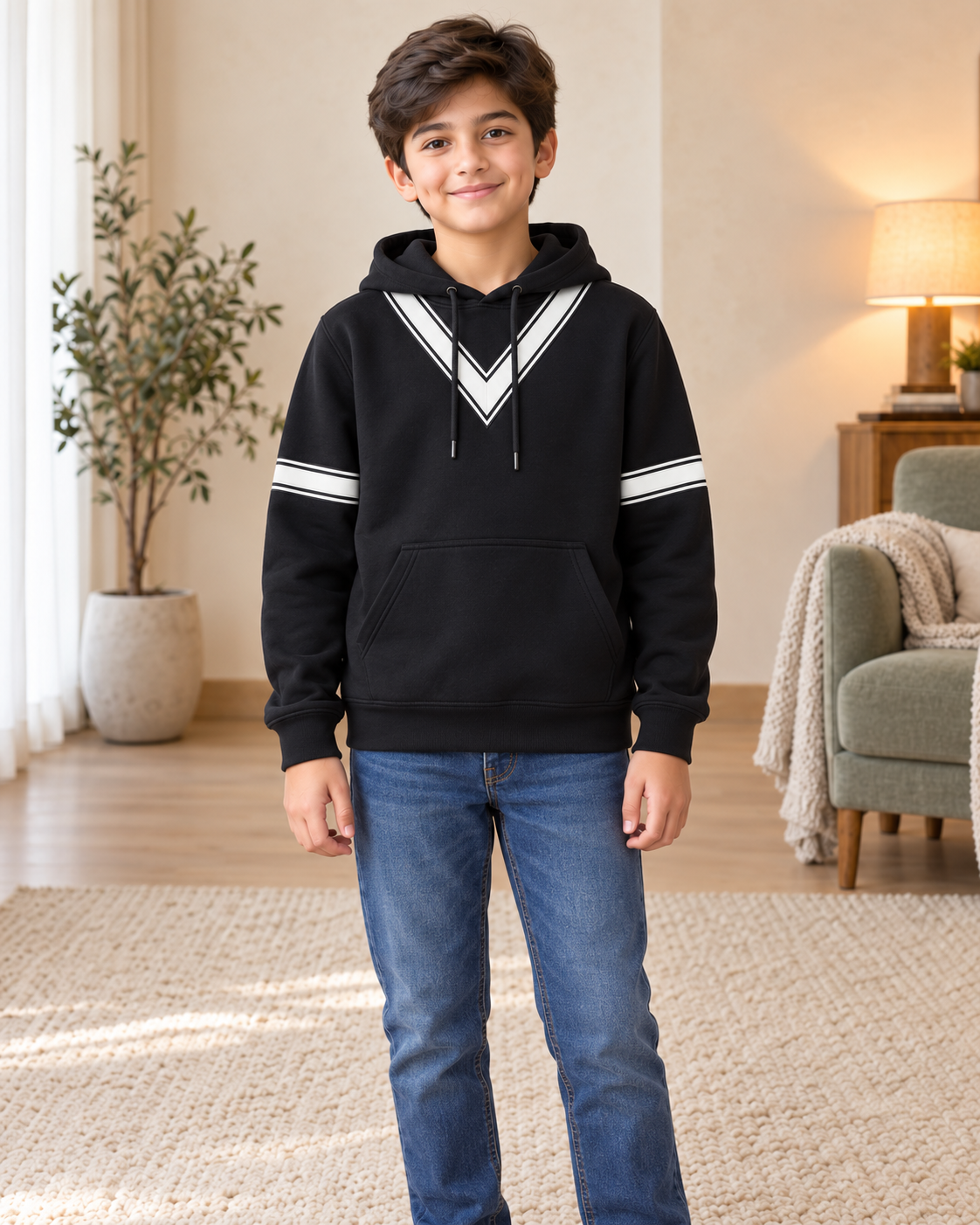 Kids Black & White V-Stripe Hoodie, 01-Front