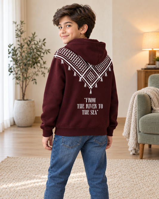 Kids Maroon Printed-Back Hoodie, 02-Back-Three-Quarter-Left