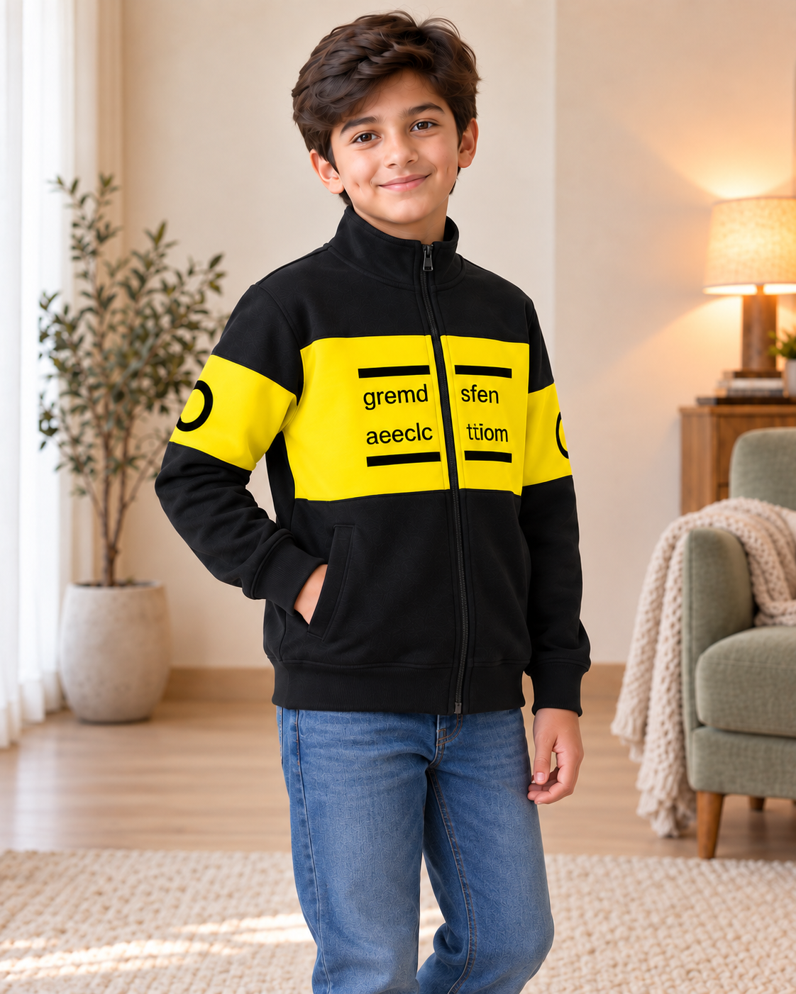 Kids Black & Yellow Graphic Zip-Up Jacket, three-quarter