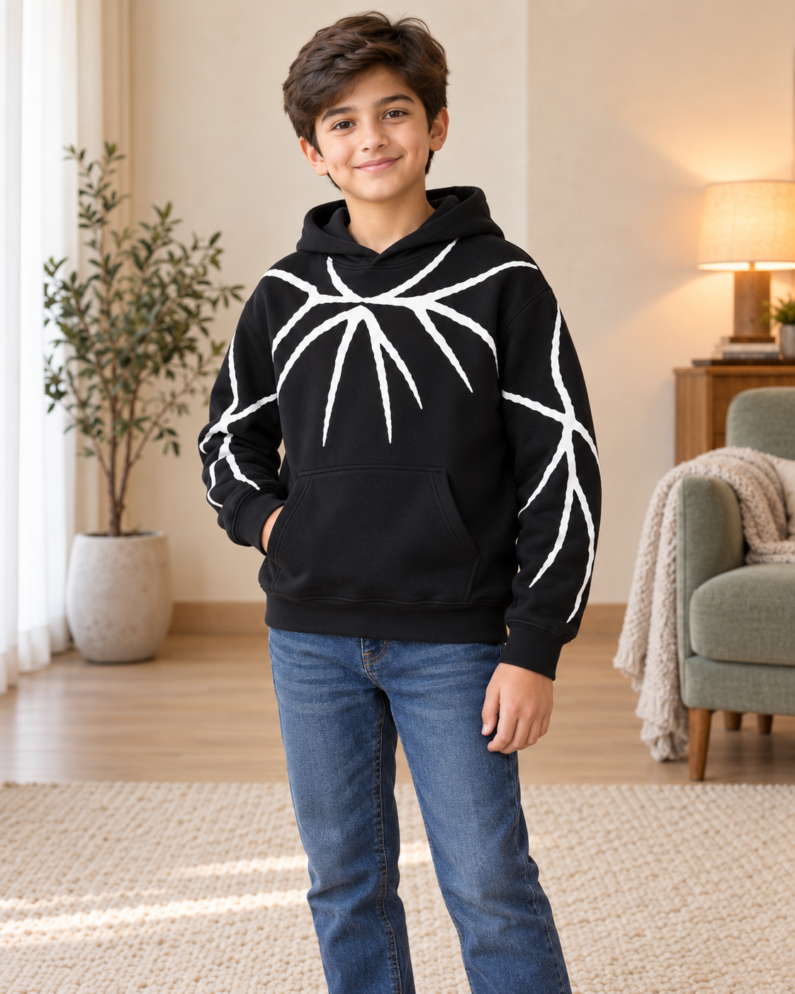 Kids Black & White Graphic Hoodie, 02-Three-Quarter