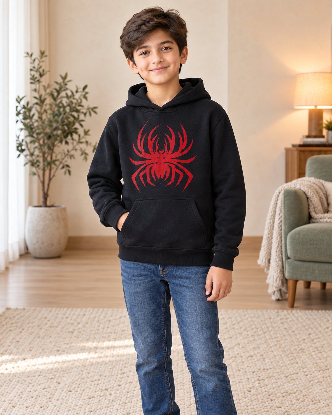 Kids Black & Red Spider Graphic Hoodie, 02-Three-Quarter