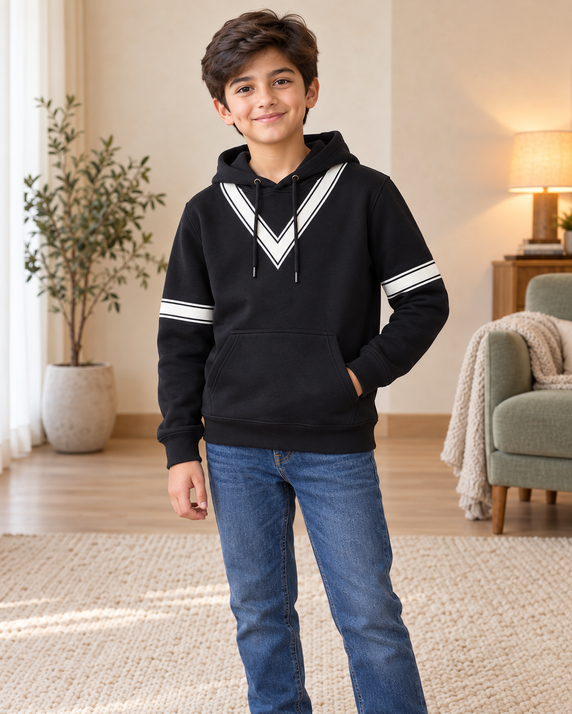 Kids Black & White V-Stripe Hoodie, 02-Three-Quarter