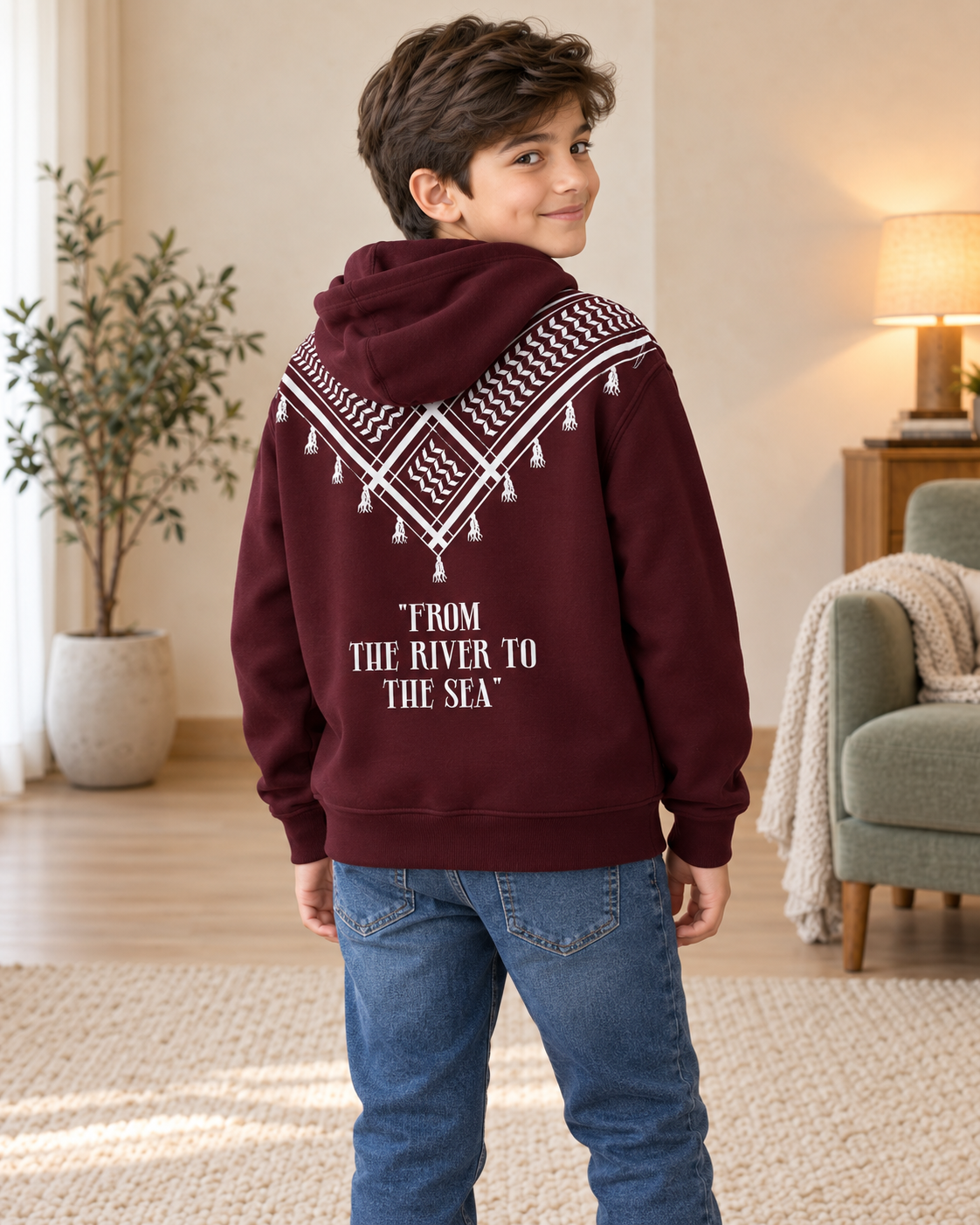 Kids Maroon Printed-Back Hoodie, 03-Back-Three-Quarter-Right