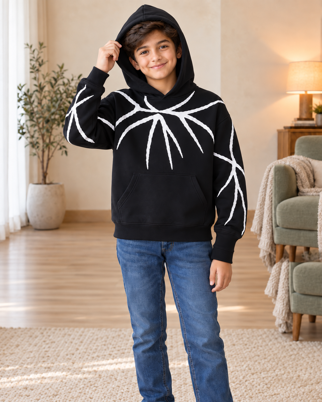 Kids Black & White Graphic Hoodie, 03-Hood-Up