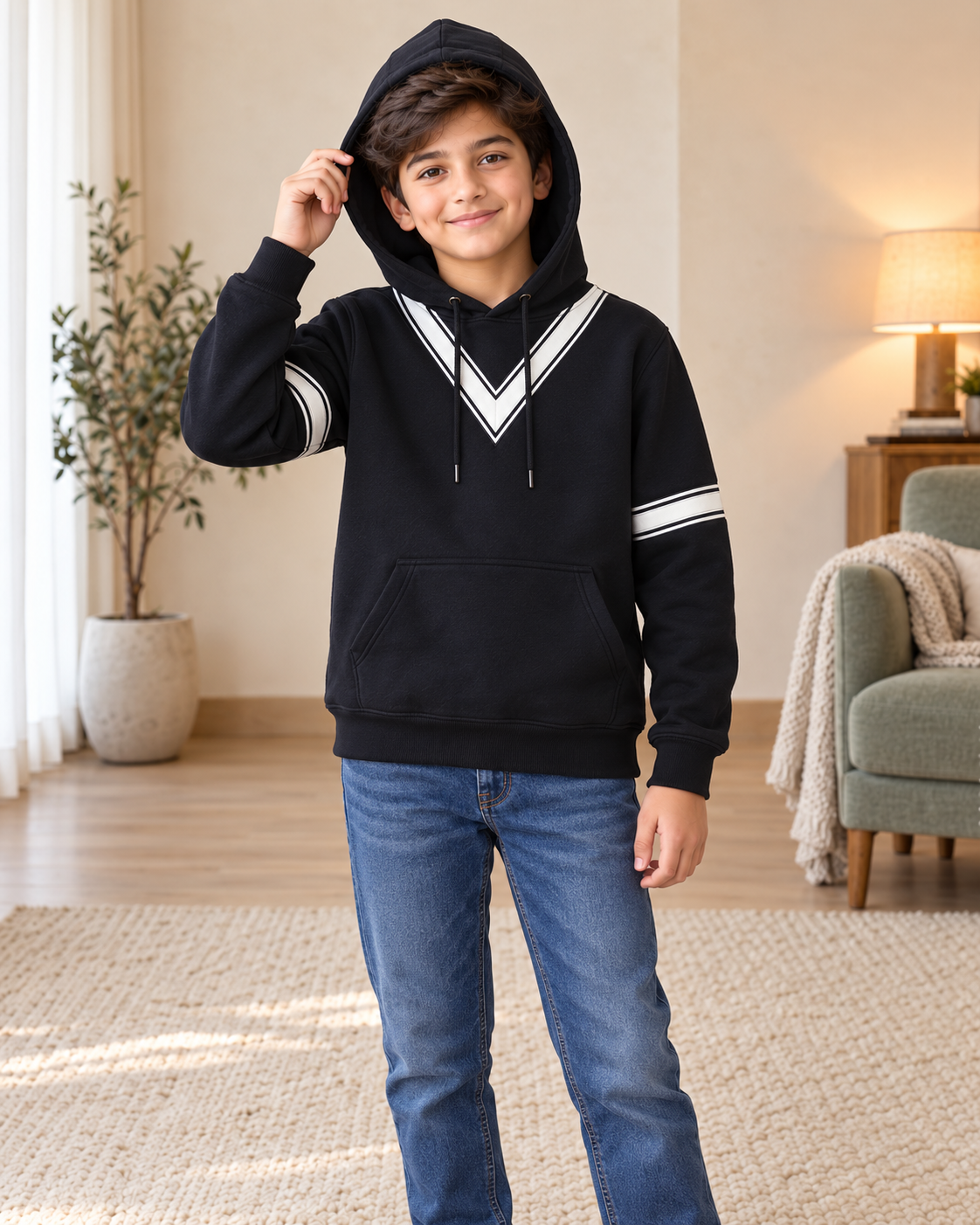 Kids Black & White V-Stripe Hoodie, 03-Hood-Up