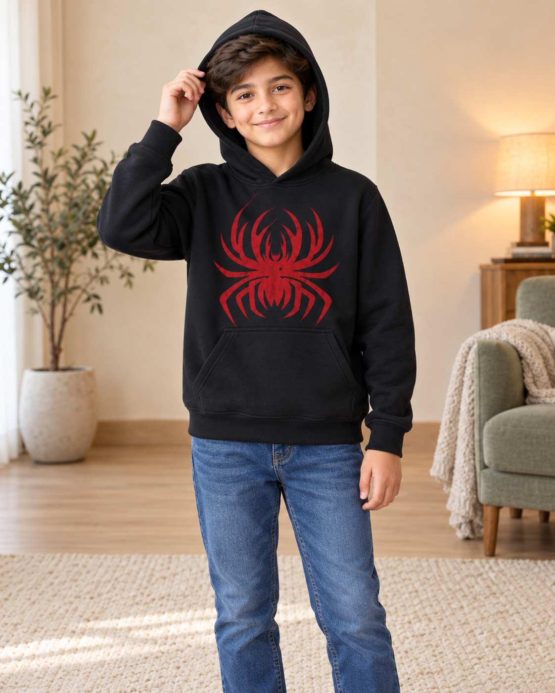 Kids Black & Red Spider Graphic Hoodie, 03-Hood-Up