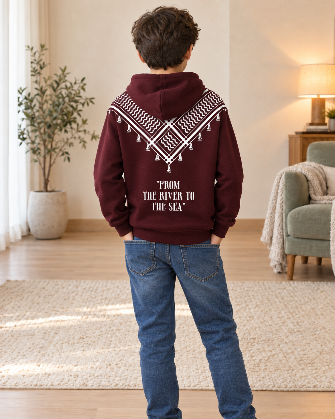 Kids Maroon Printed-Back Hoodie, 04-Back-Hands-Pockets