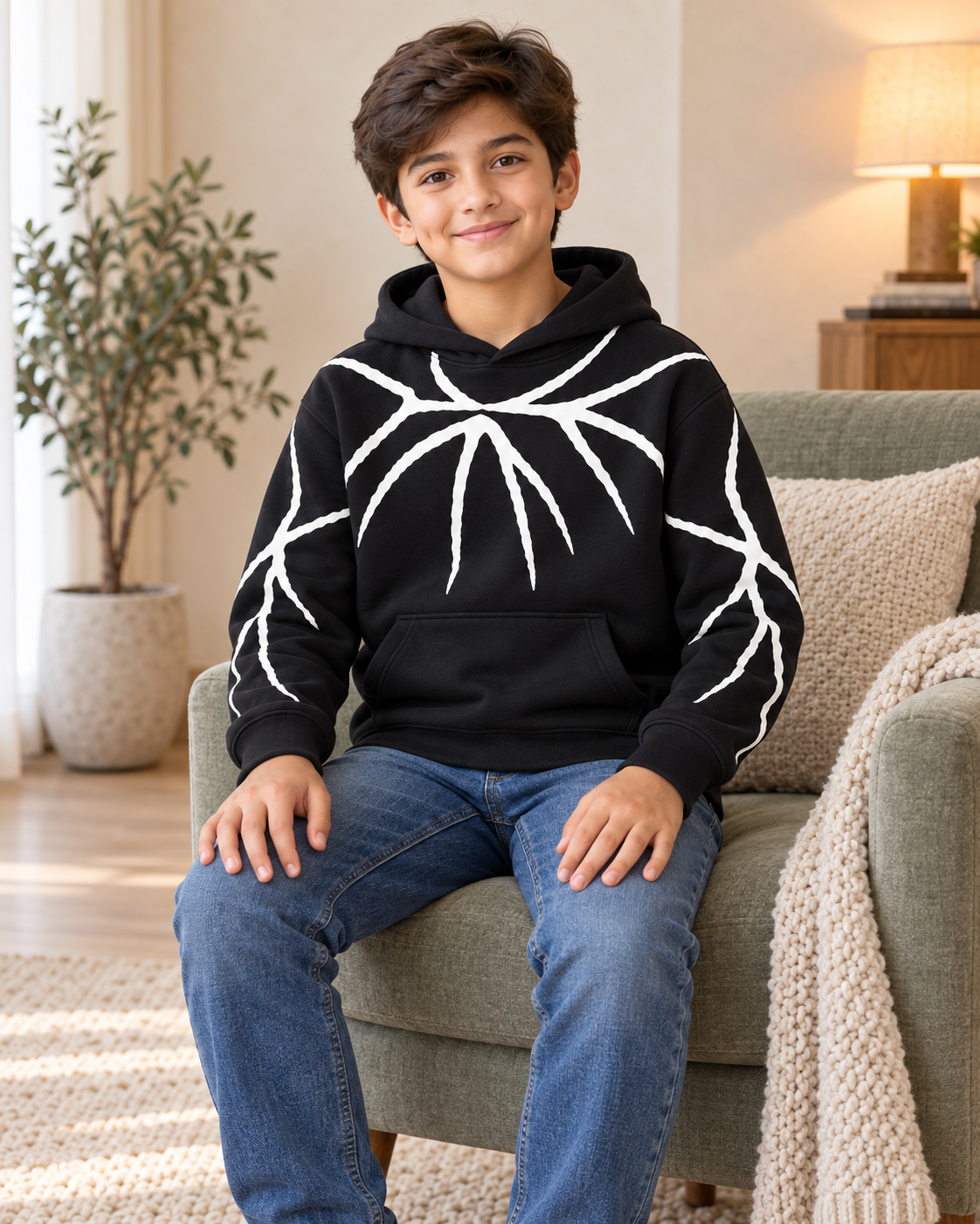 Kids Black & White Graphic Hoodie, 04-Sitting
