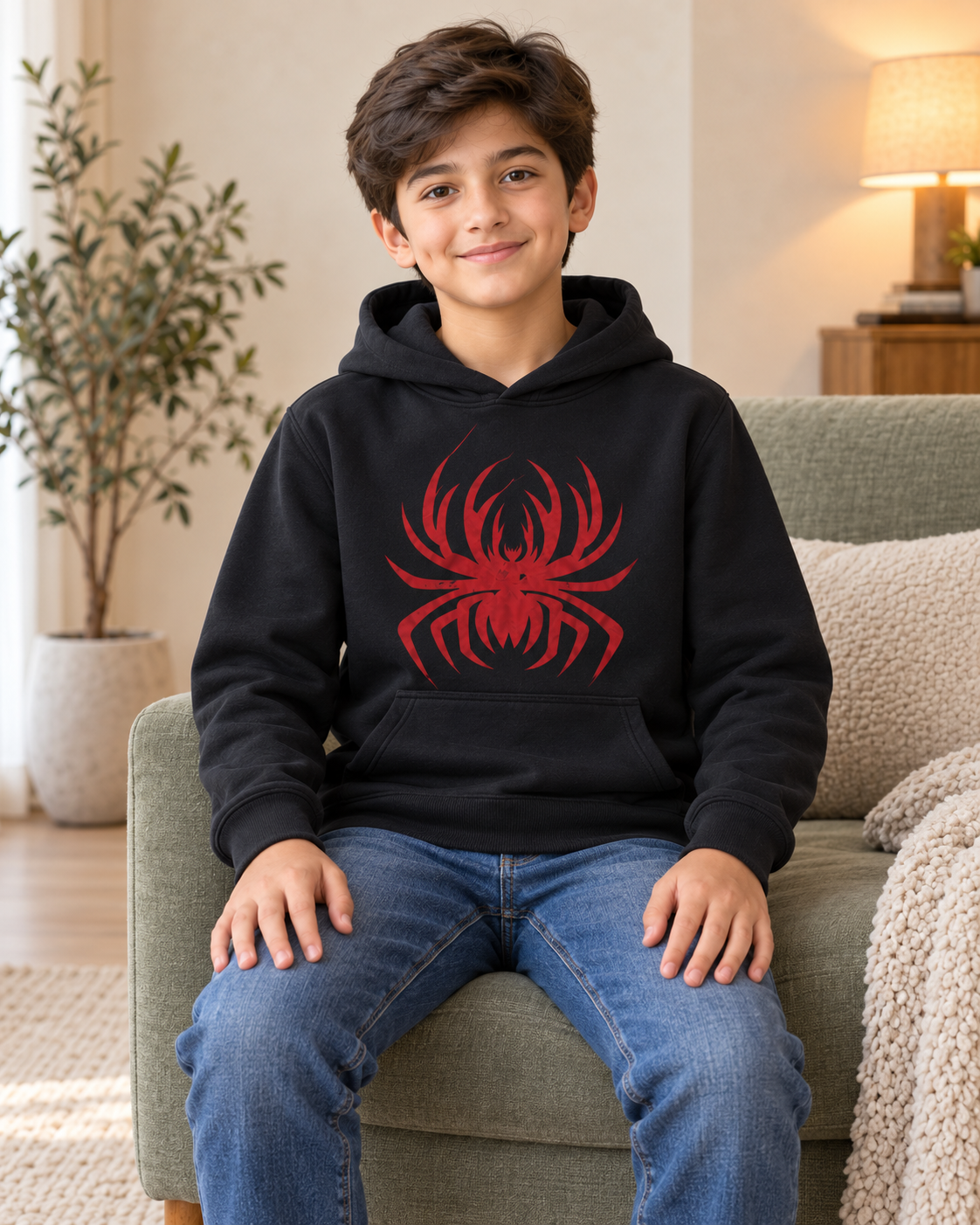 Kids Black & Red Spider Graphic Hoodie, 04-Sitting