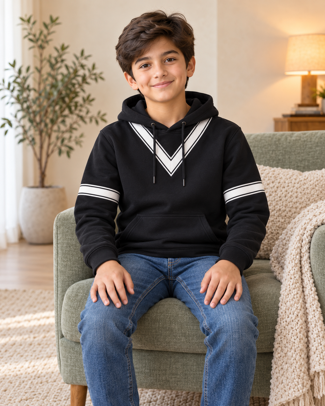 Kids Black & White V-Stripe Hoodie, 04-Sitting
