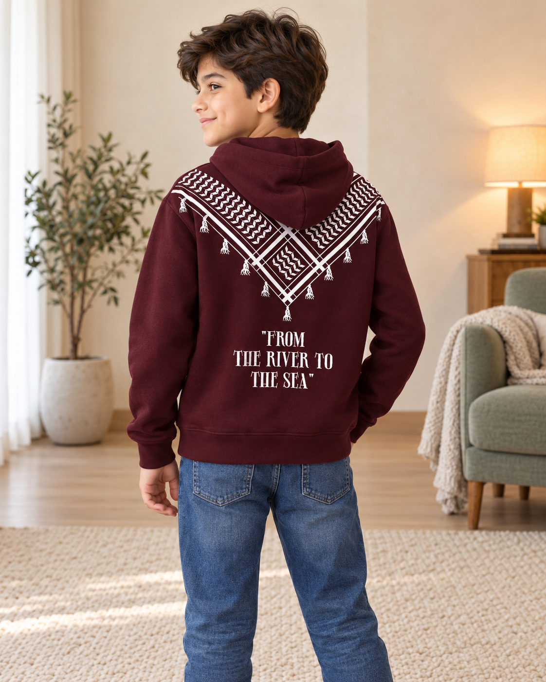 Kids Maroon Printed-Back Hoodie, 05-Back-Looking-Side