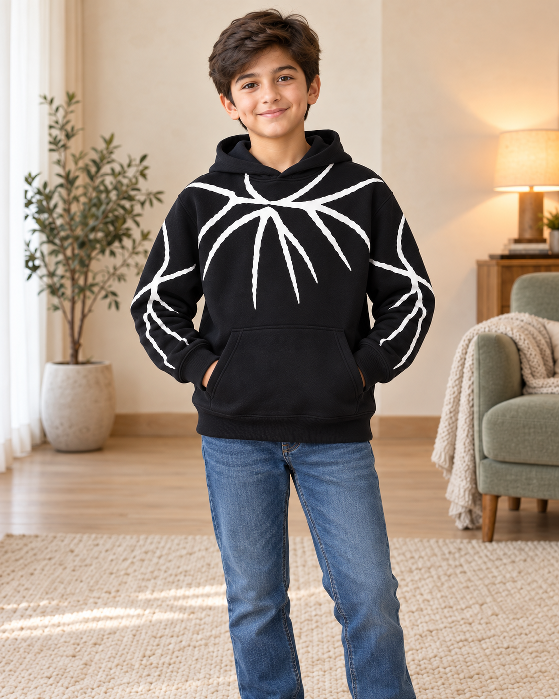 Kids Black & White Graphic Hoodie, 05-Front-Relaxed