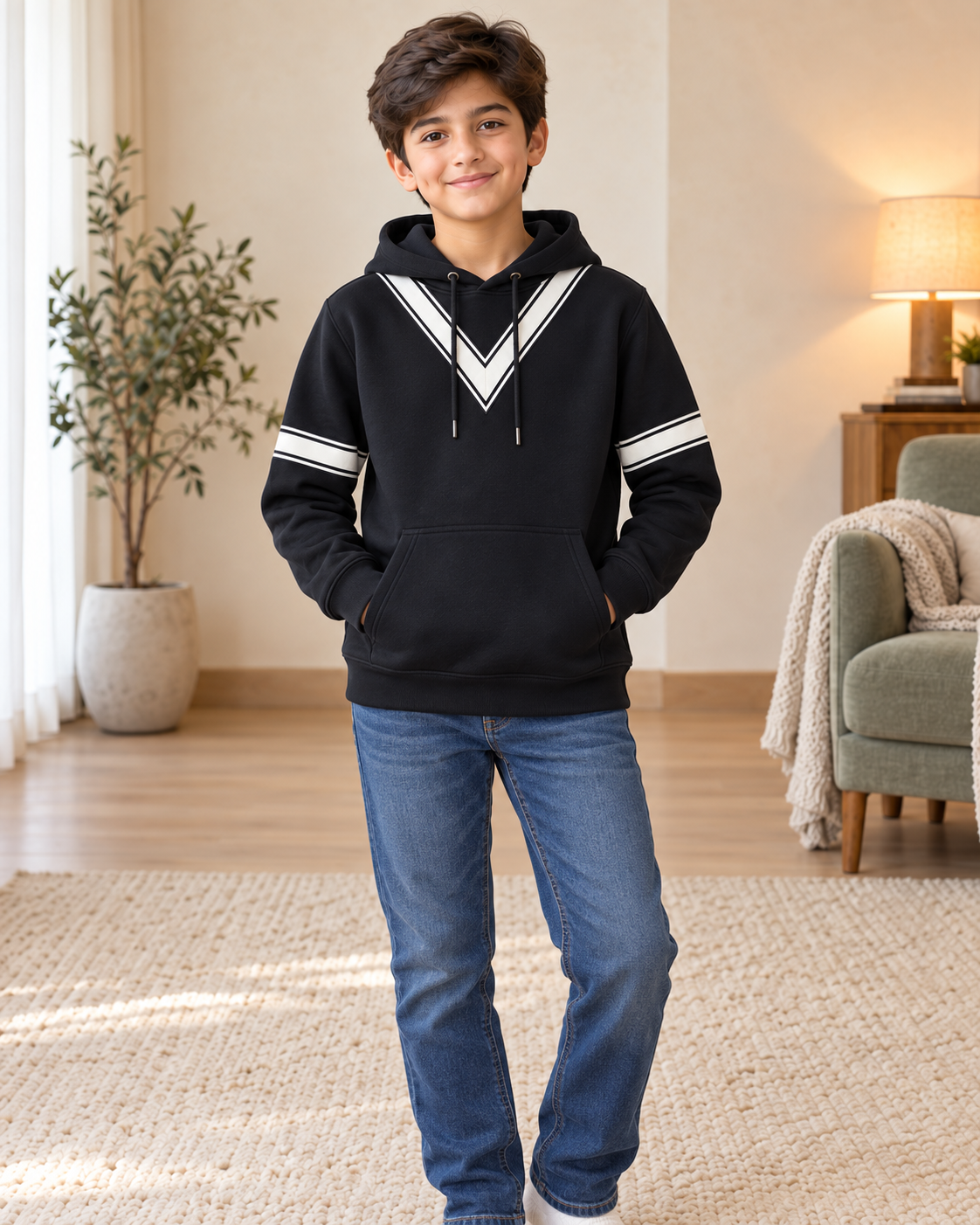 Kids Black & White V-Stripe Hoodie, 05-Front-Relaxed
