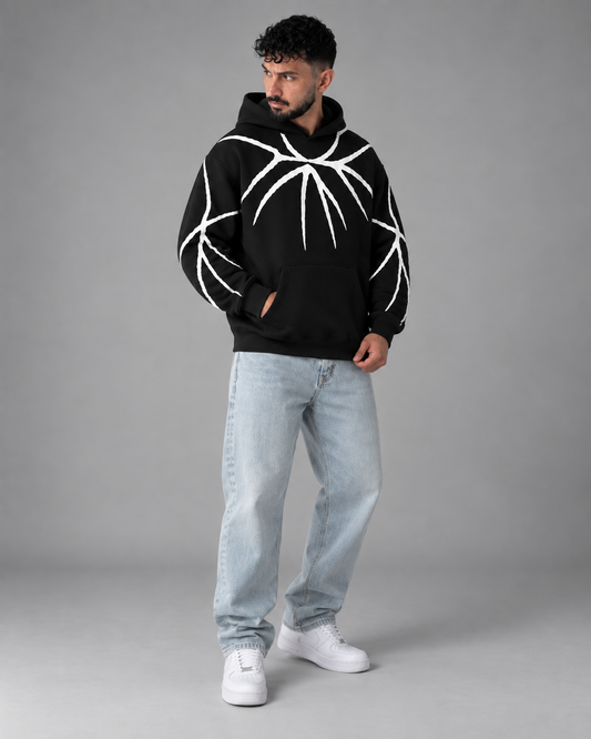 Black White Branch Print Fleece Hoodie