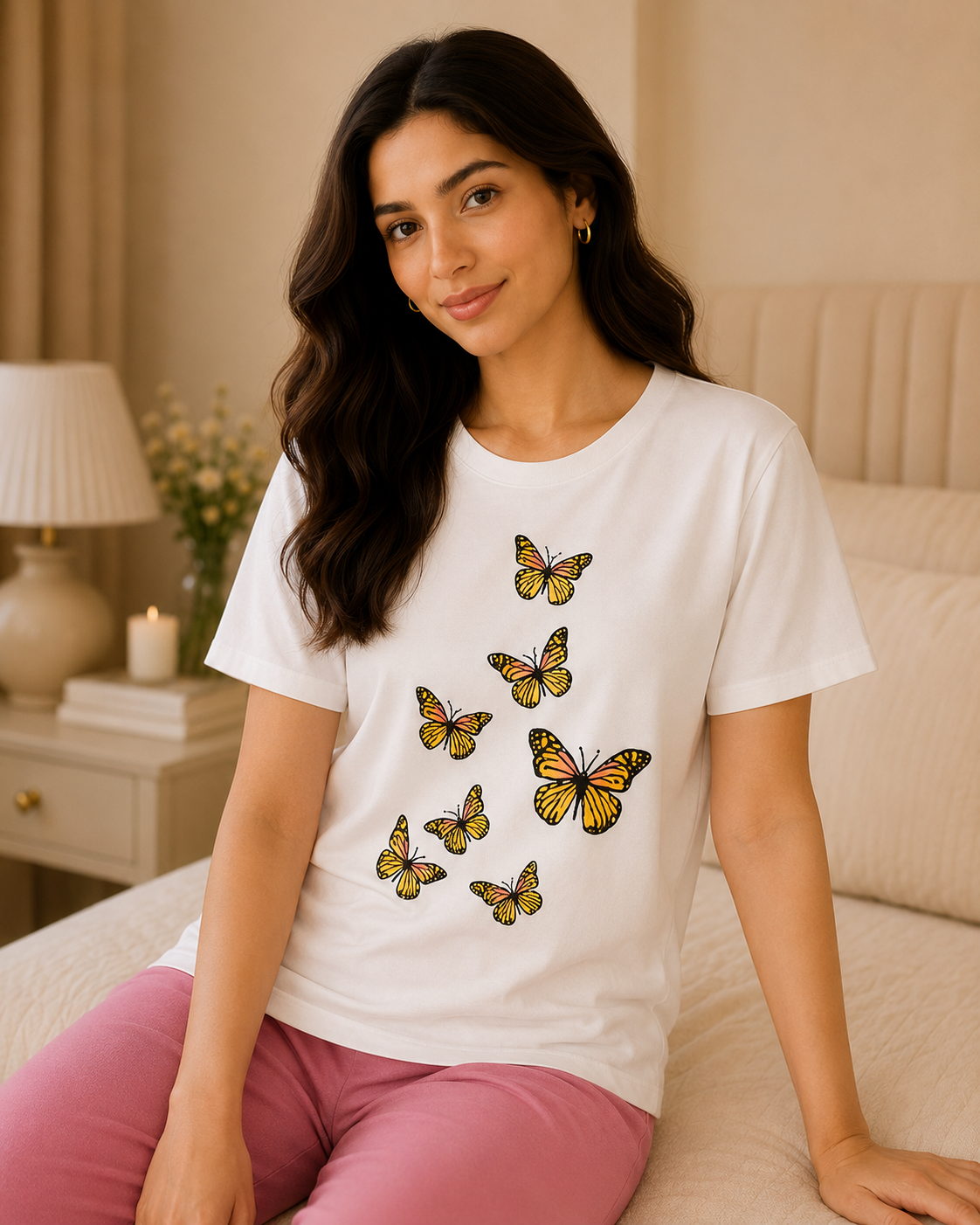 7 Butterflies White T-shirt and Pink Pajama Printed Night Suit