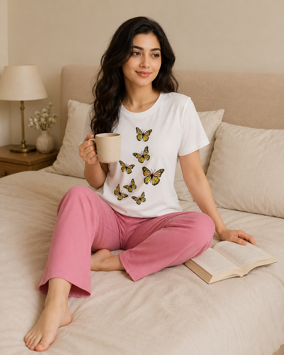 7 Butterflies White T-shirt and Pink Pajama Printed Night Suit