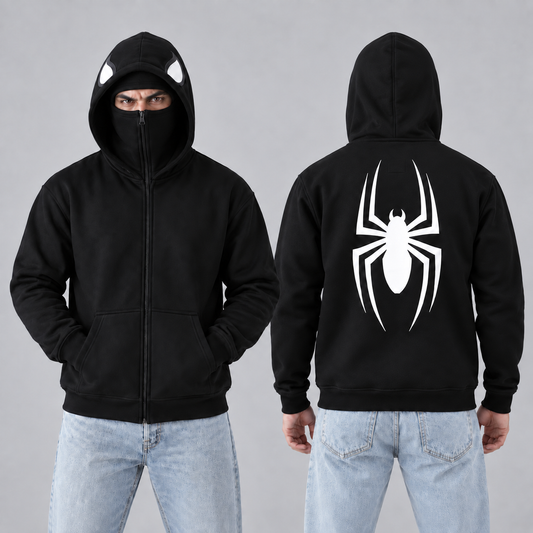 Black Balaclava Spider Back Print Fleece Hoodie
