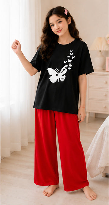 9 Butterflies Printed Black T-shirt and red pajama