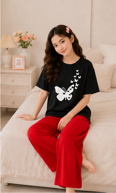 9 Butterflies Printed Black T-shirt and red pajama