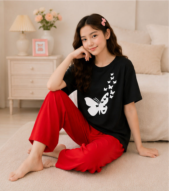 9 Butterflies Printed Black T-shirt and red pajama