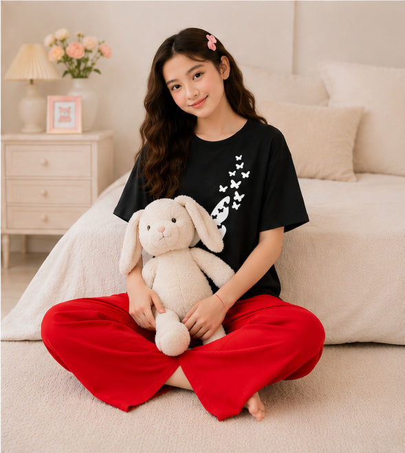 9 Butterflies Printed Black T-shirt and red pajama