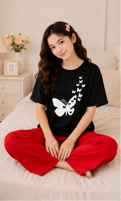 9 Butterflies Printed Black T-shirt and red pajama