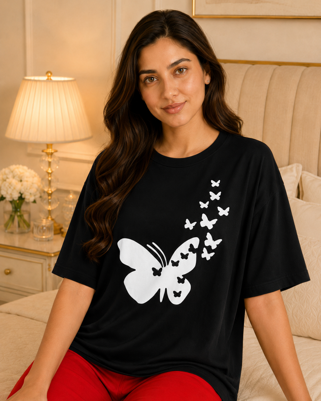 9 Butterflies Printed Black T-shirt and Red Pajama Night Suit