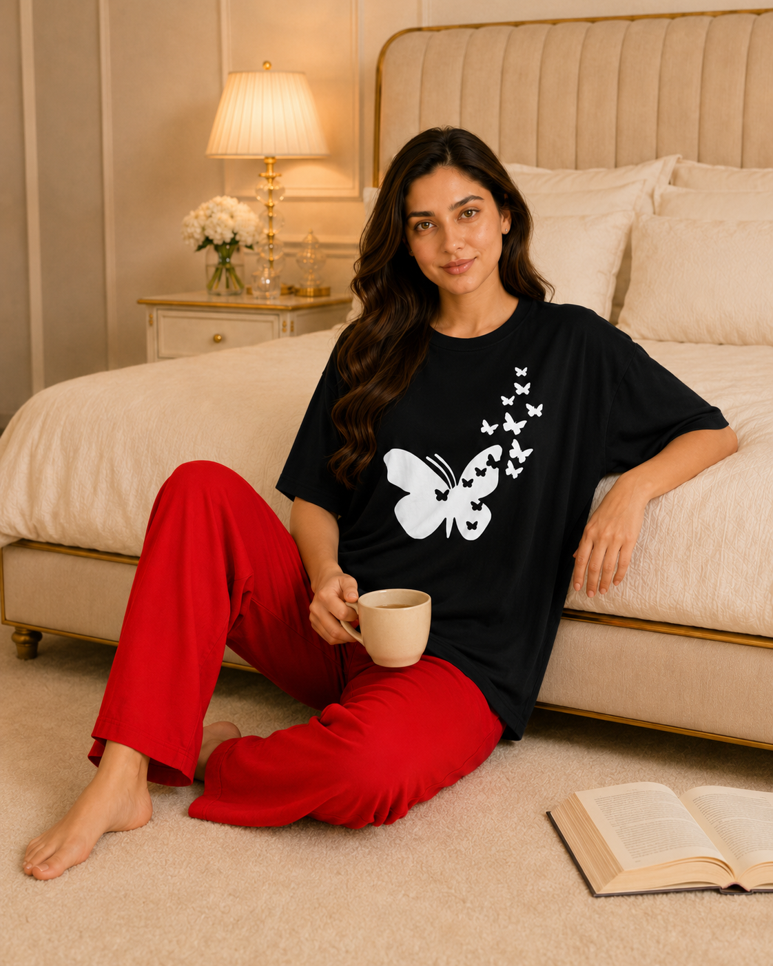 9 Butterflies Printed Black T-shirt and Red Pajama Night Suit