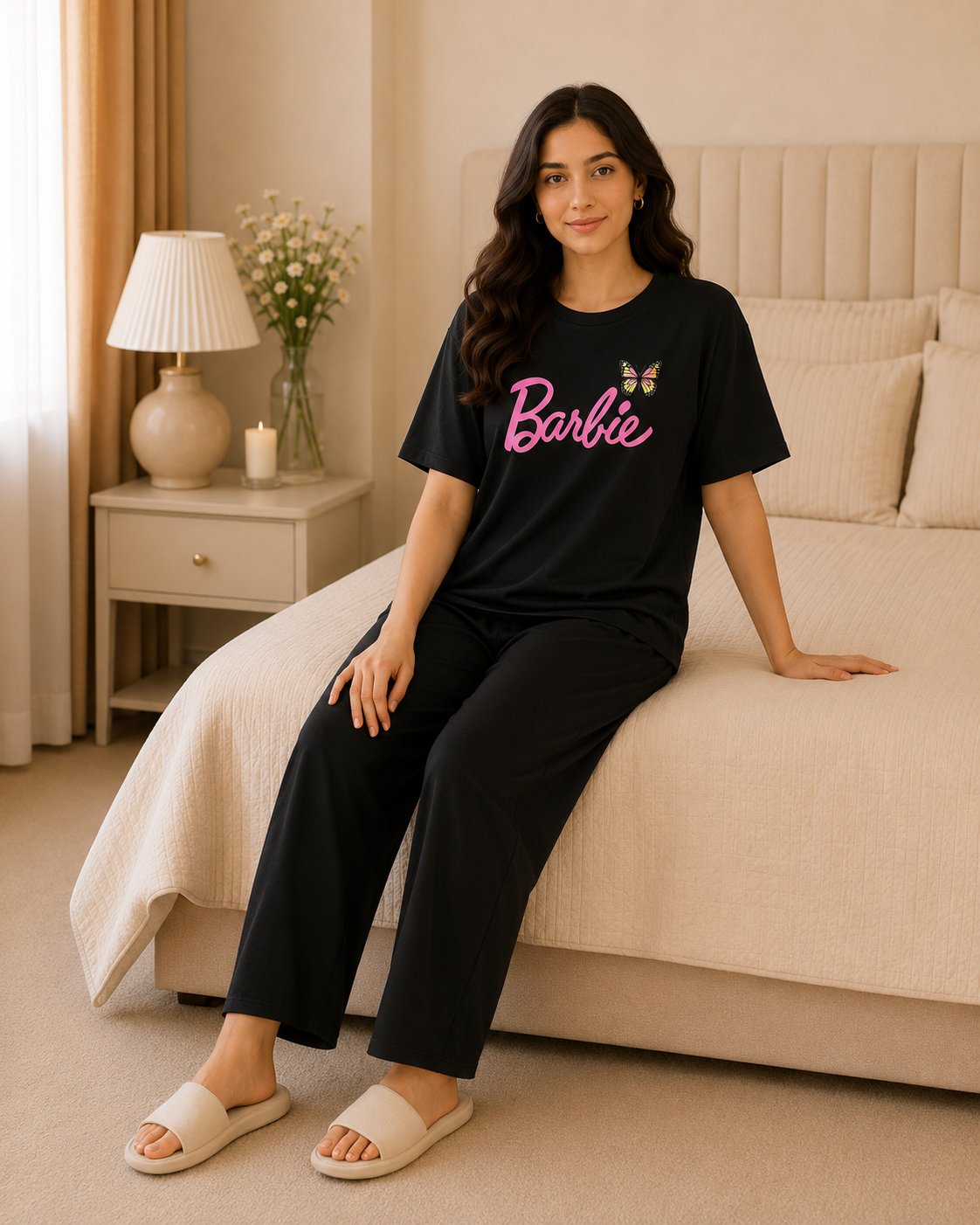 Barbie Printed Black T-shirt and Black Pajama Night Suit