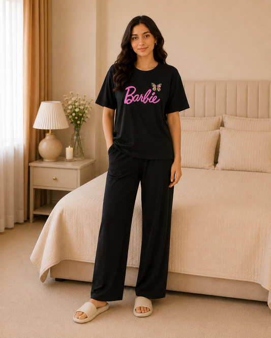 Barbie Printed Black T-shirt and Black Pajama Night Suit