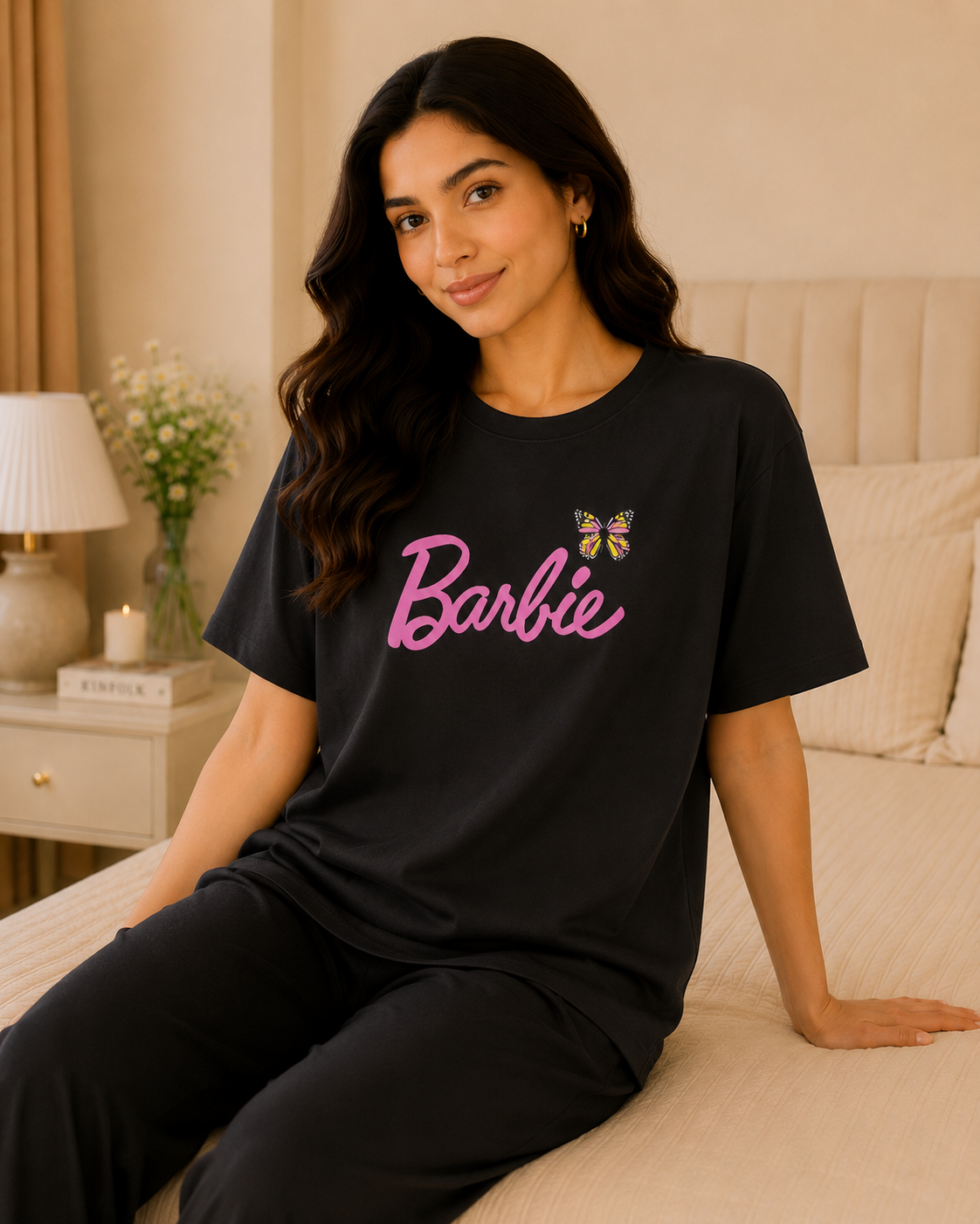 Barbie Printed Black T-shirt and Black Pajama Night Suit