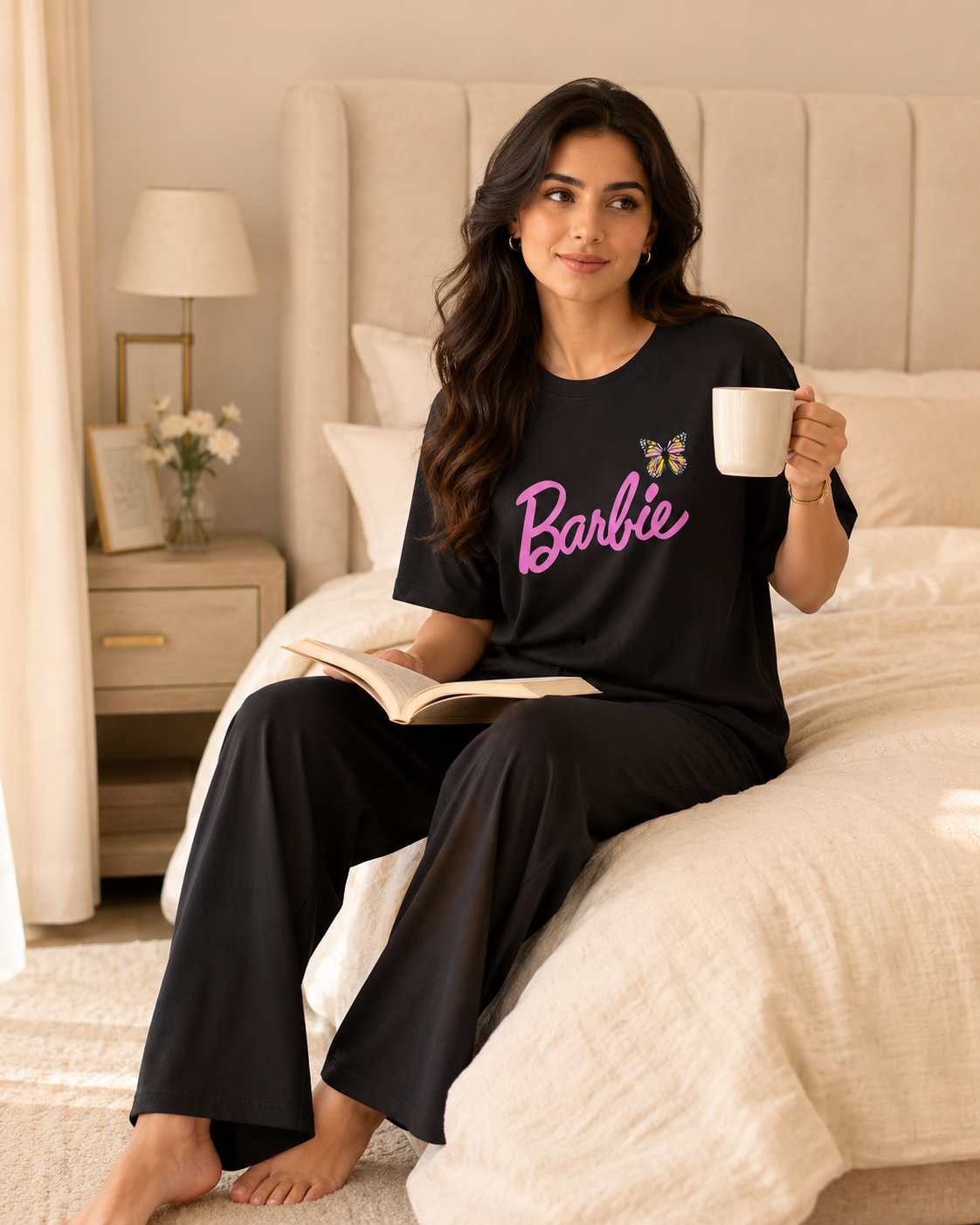 Barbie Printed Black T-shirt and Black Pajama Night Suit