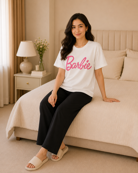 Barbie Printed White T-shirt and Black Pajama Night Suit