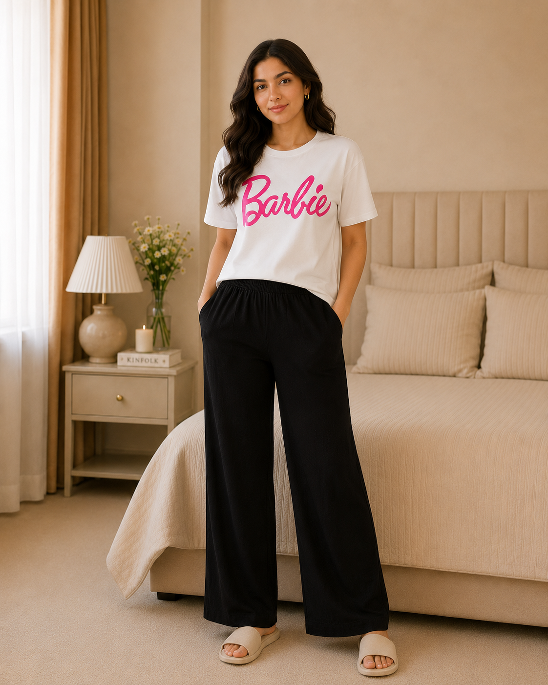 Barbie Printed White T-shirt and Black Pajama Night Suit