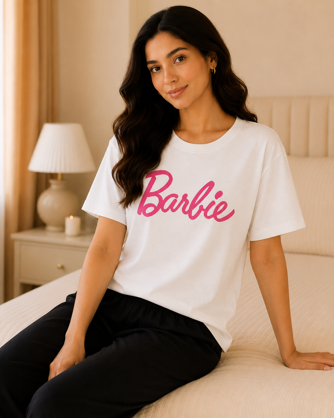 Barbie Printed White T-shirt and Black Pajama Night Suit